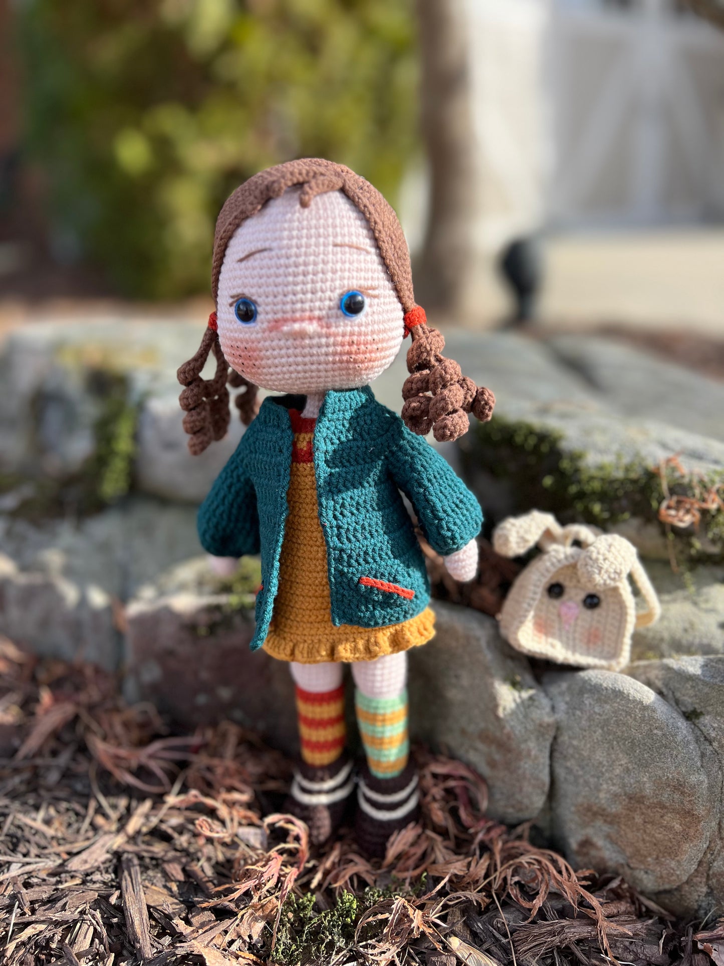 Crocheted Girl with Bunny Backpack, Readymade Amigurumi Doll, Handcrafted, Kids Gifts, Artisan Doll, Limited Edition Baby Dolls, Collectible Handmade