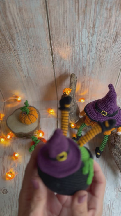 Upside-Down Witch in Cauldron Crochet Decor, Handmade Witch in Cauldron Crochet Display, Crocheted Witch Legs in Cauldron Halloween Decor, Uniqe Ready Made Halloween Decor